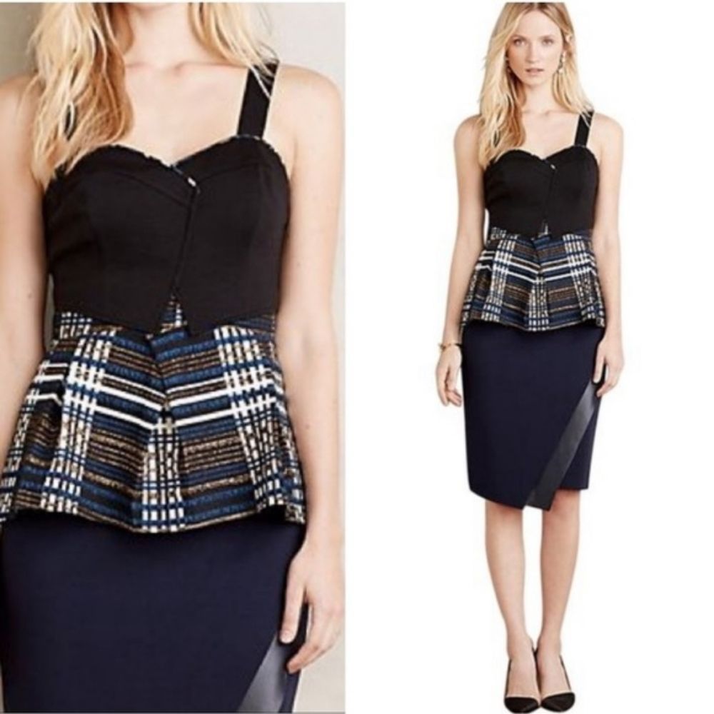 ANTHROPOLOGIE DELETTA‎ "Nathalie" Metallic Plaid Peplum Tank XS